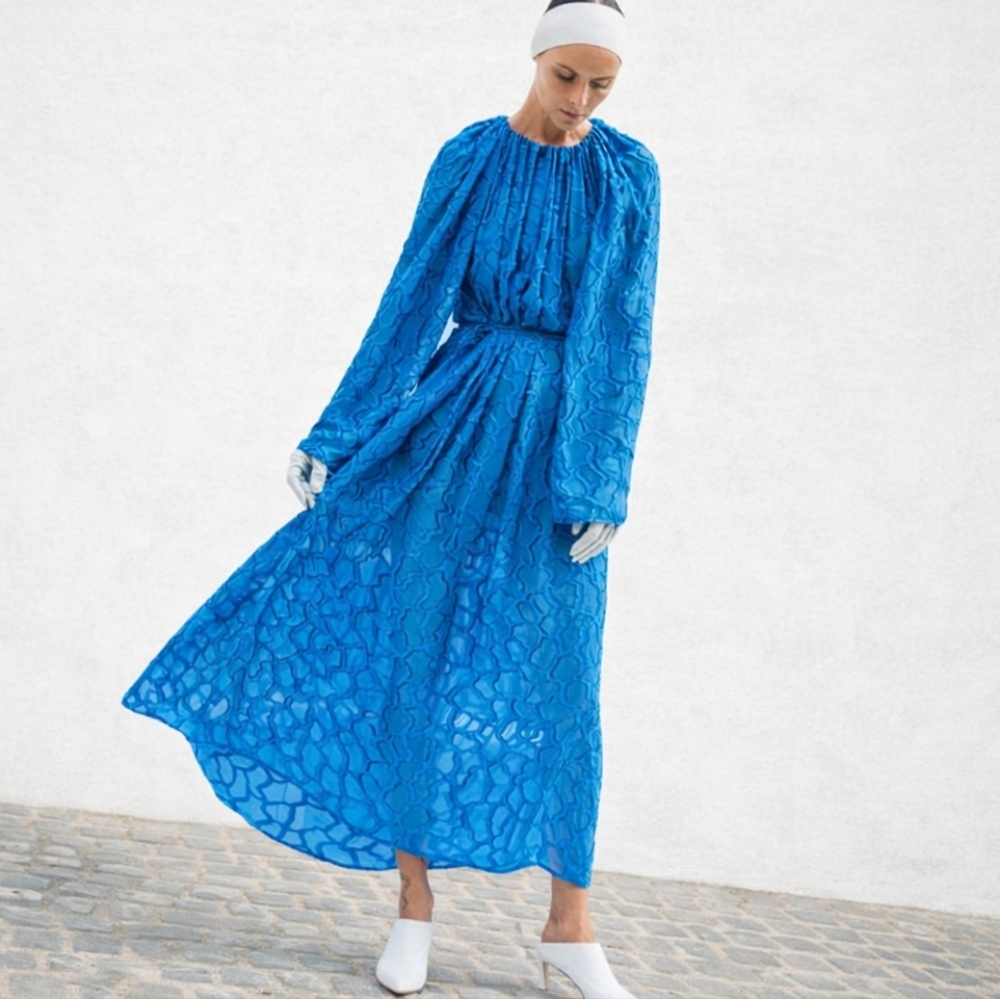 SID NEIGUM Blue Silk Dress Runway Architectural Designer